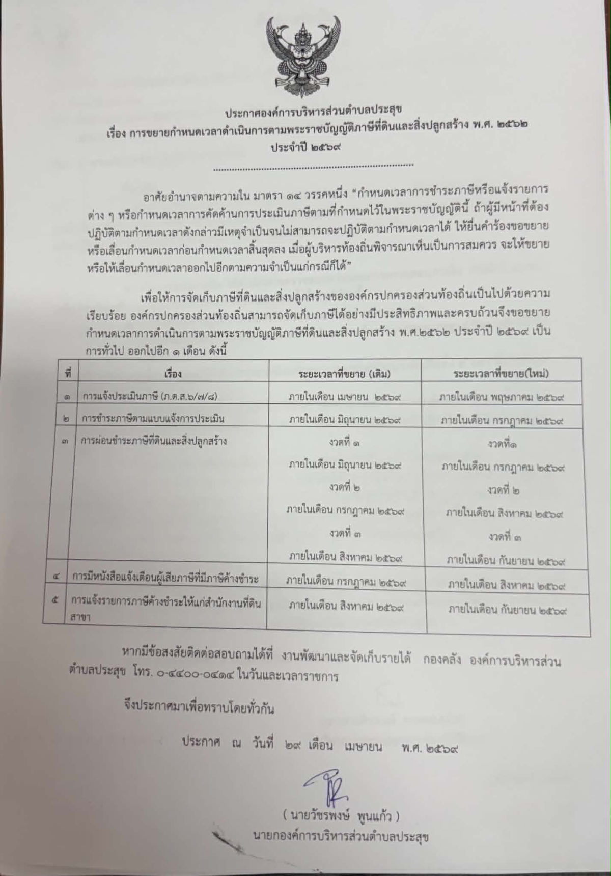 ประกาศองค์การบริหารส่วนตำบลประสุข เรื่อง การขยายกำหนดเวลาดำเนินการตามพระราชบัญญัติภาษีที่ดินและสิ่งปลูกสร้าง พ.ศ. ๒๕๖๒ ประจำปี ๒๕๖๙